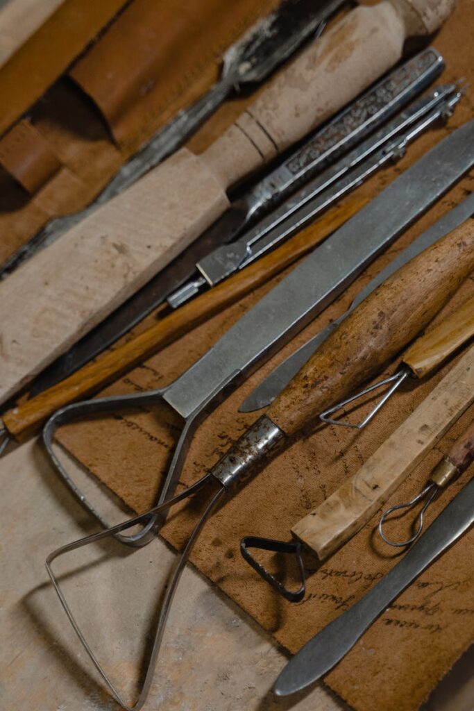 Close-up of various woodworking tools showcasing craftsmanship and artisan skills.
